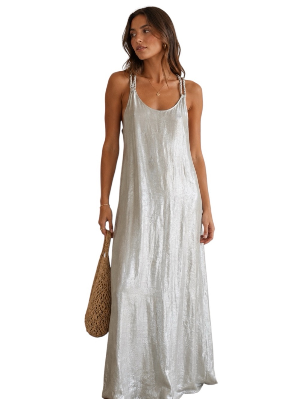 TAHARI Linen Silver Metallic Thread Maxi Split Sides Coverup Braided Straps M